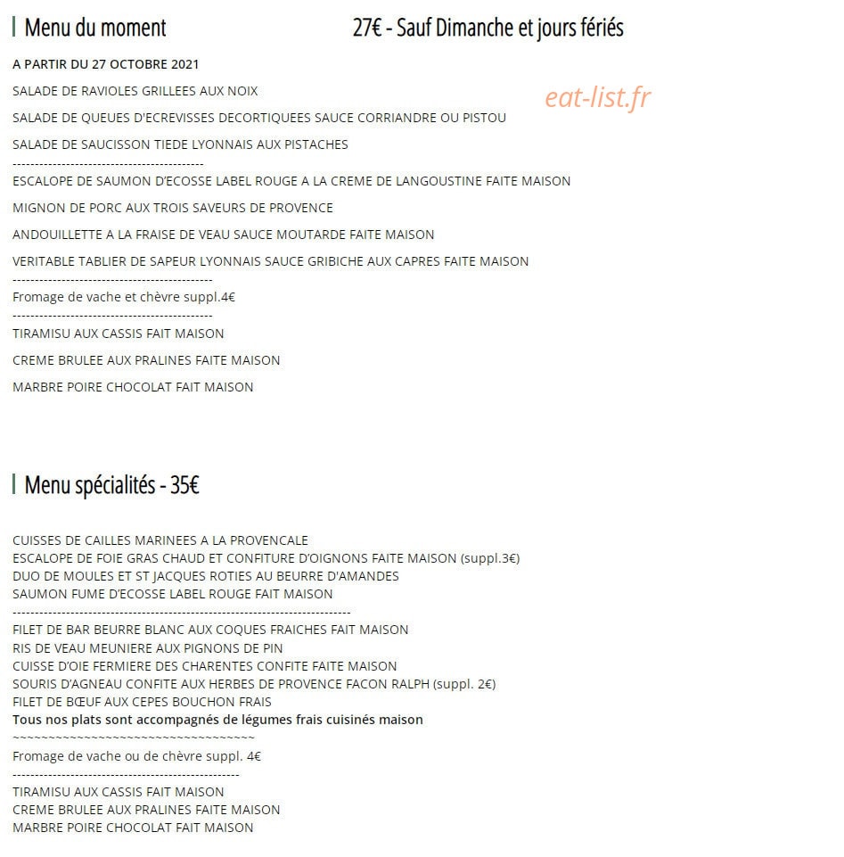 Carte et menu de Restaurant Domaine de la Grange Neuve à La Roque sur Pernes — Exemple des menus