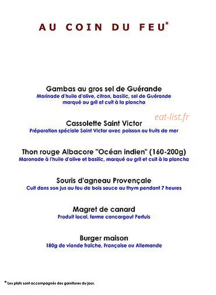 Carte et menu de Domaine Saint Victor à La Tour d'Aigues — Au coin du feu