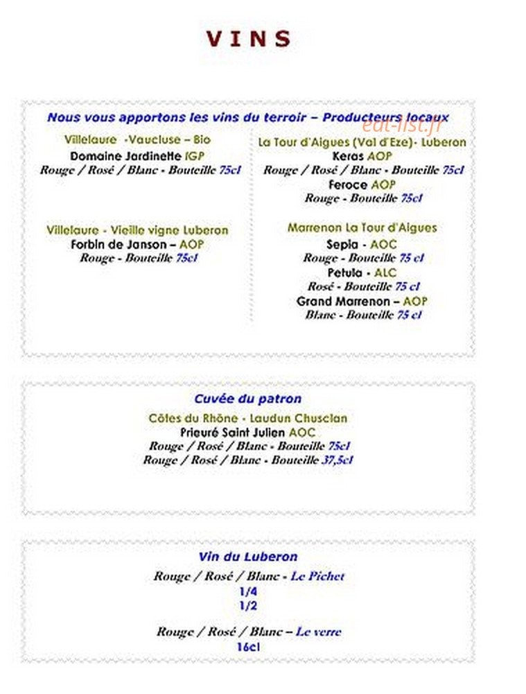 Carte et menu de Domaine Saint Victor à La Tour d'Aigues — Les vins