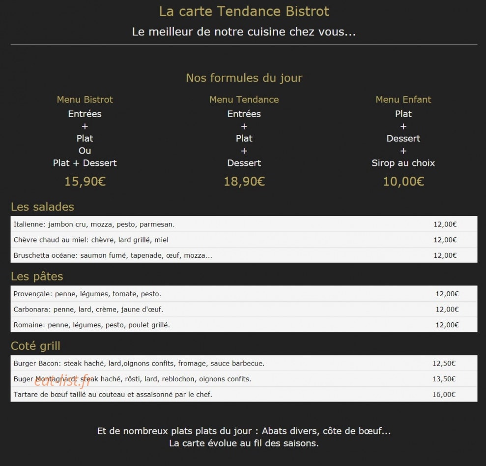 Tendance Bistrot — carte page 1