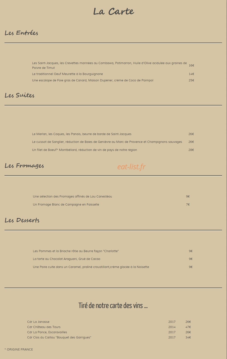 Carte et menu de Campagne,Vignes et Gourmandises à Sainte Cecile les Vignes — Entrées, suites, fromage...