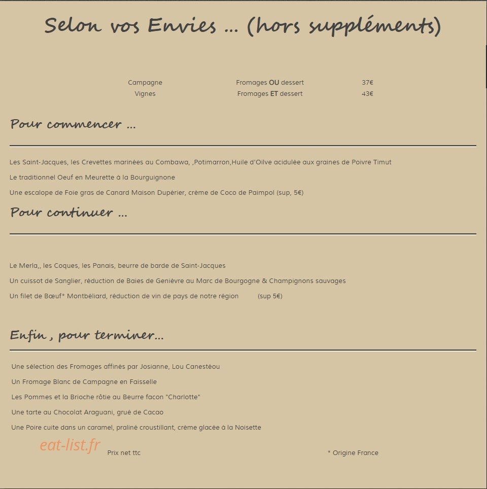 Carte et menu de Campagne,Vignes et Gourmandises à Sainte Cecile les Vignes — Pour commencer, pour continuer, pour terminer