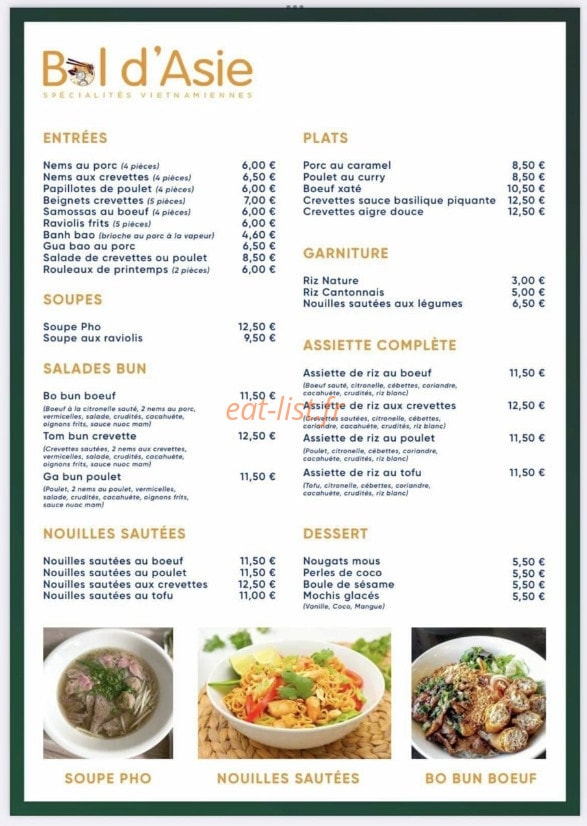 Carte et menu de Bol d'Asie à Morieres les Avignons — La carte