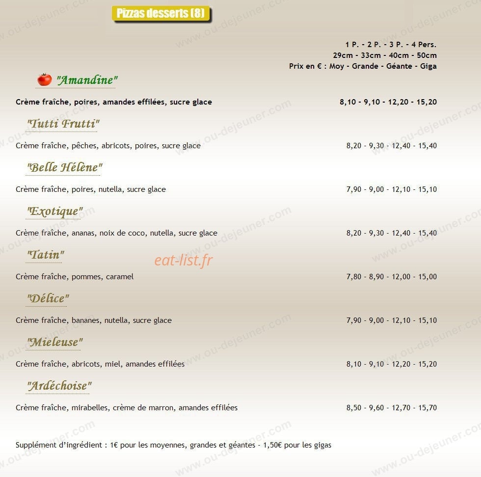 Carte et menu de Au Paradizzio Pizzas à Entraigues sur la Sorgue — Les pizzas desserts