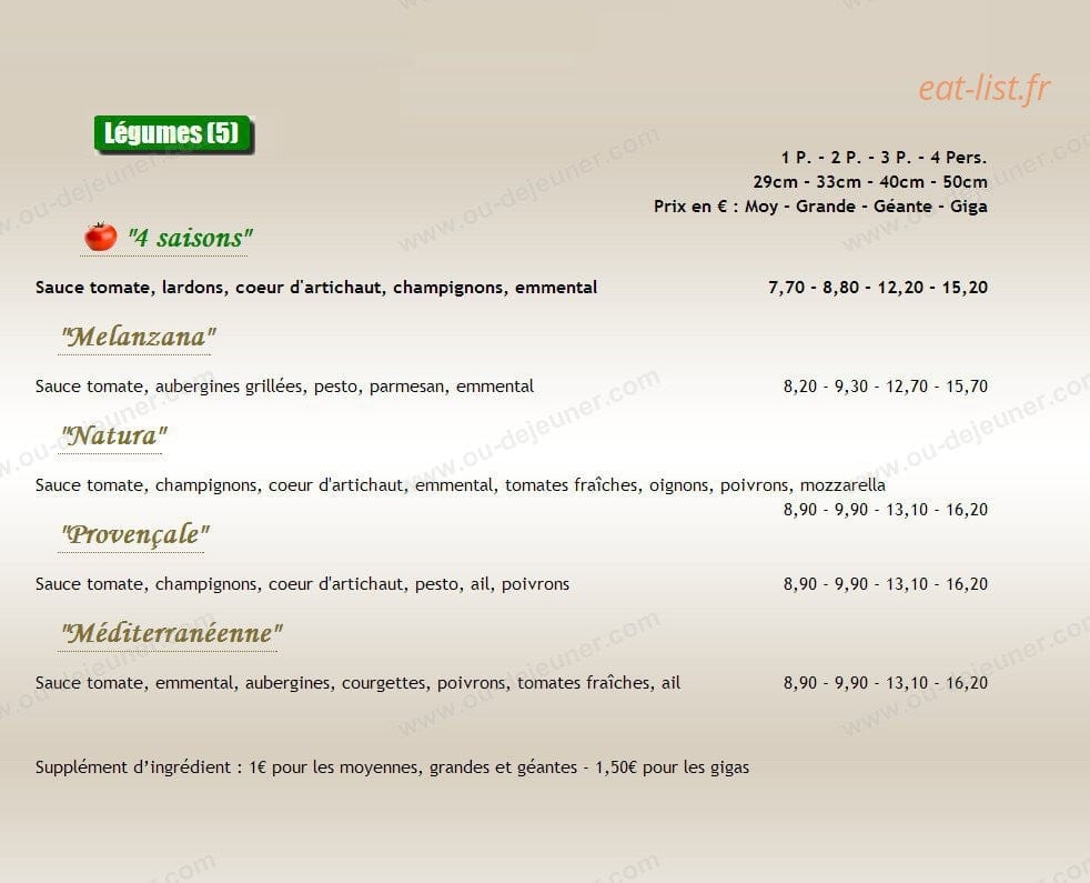 Carte et menu de Au Paradizzio Pizzas à Entraigues sur la Sorgue — Les pizzas légumes