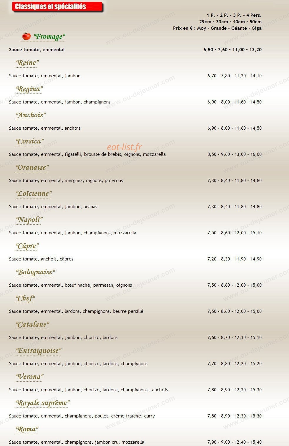 Carte et menu de Au Paradizzio Pizzas à Entraigues sur la Sorgue — Les pizzas classiques et spécialités