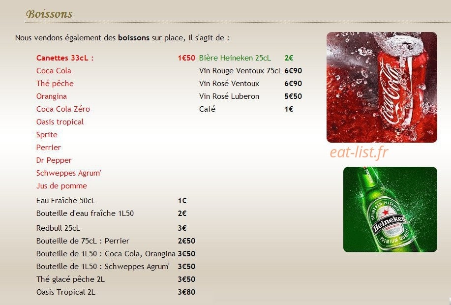 Carte et menu de Au Paradizzio Pizzas à Entraigues sur la Sorgue — Les boissons