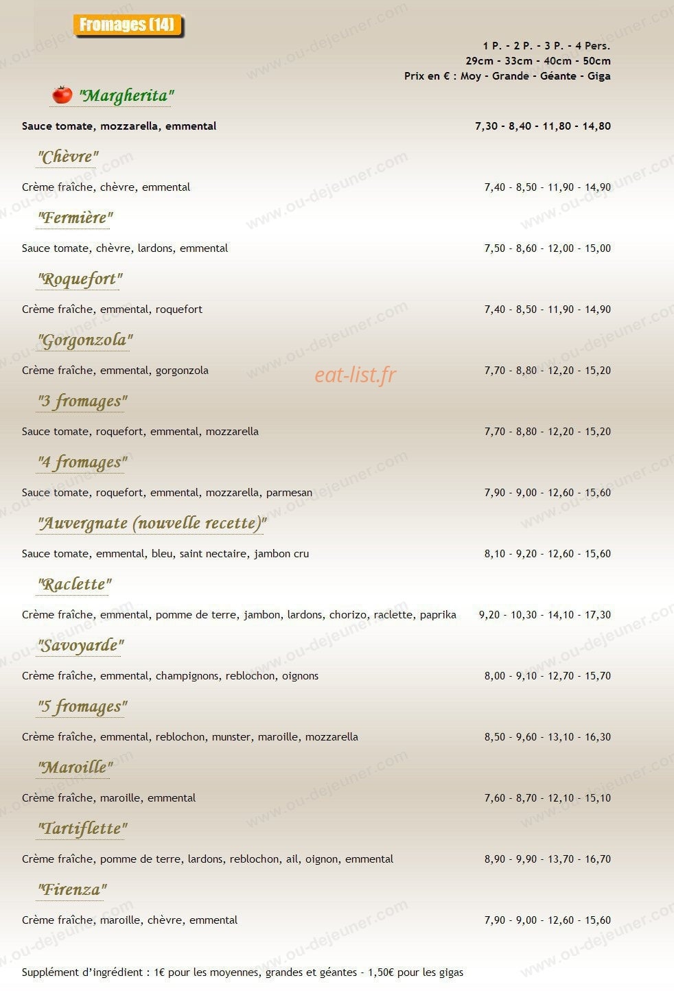 Carte et menu de Au Paradizzio Pizzas à Entraigues sur la Sorgue — Les pizzas fromages