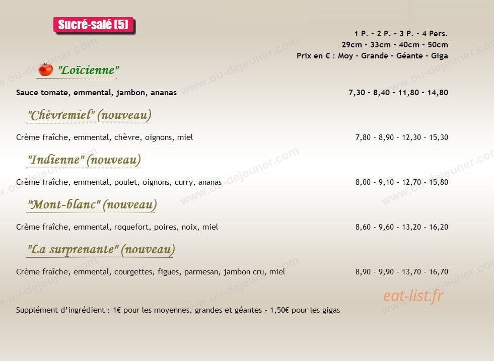 Carte et menu de Au Paradizzio Pizzas à Entraigues sur la Sorgue — Les pizzas sucrées