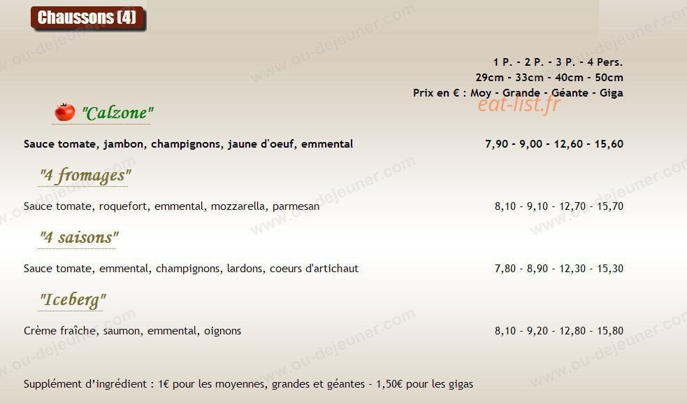 Carte et menu de Au Paradizzio Pizzas à Entraigues sur la Sorgue — Les pizzas chaussons
