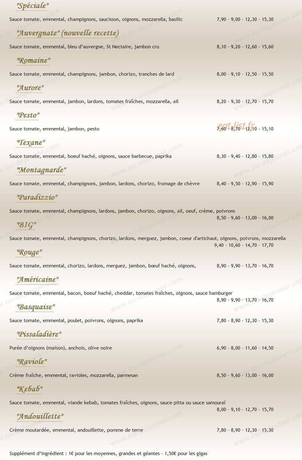 Carte et menu de Au Paradizzio Pizzas à Entraigues sur la Sorgue — Les pizzas classiques et spécialités suite