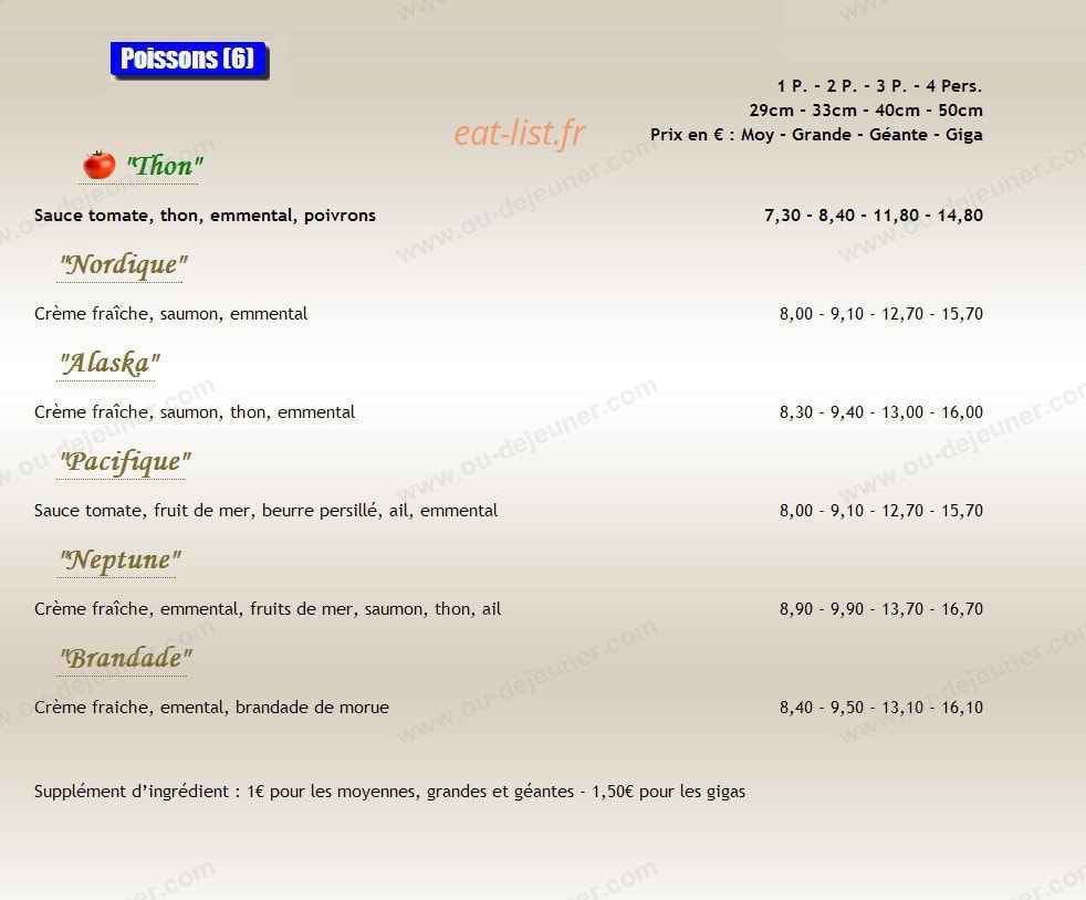 Carte et menu de Au Paradizzio Pizzas à Entraigues sur la Sorgue — Les pizzas poissons
