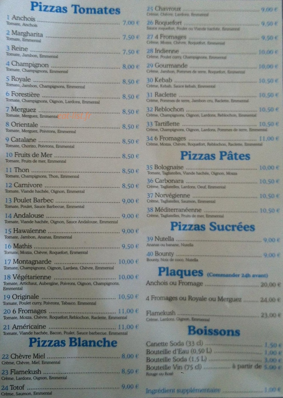Pizza chaba — carte page 1