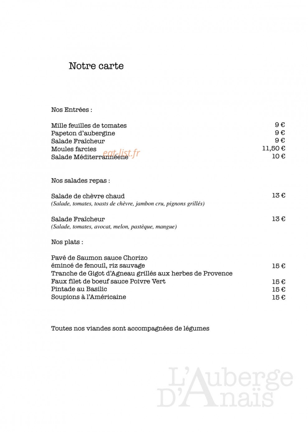 Auberge d'Anais — carte page 7