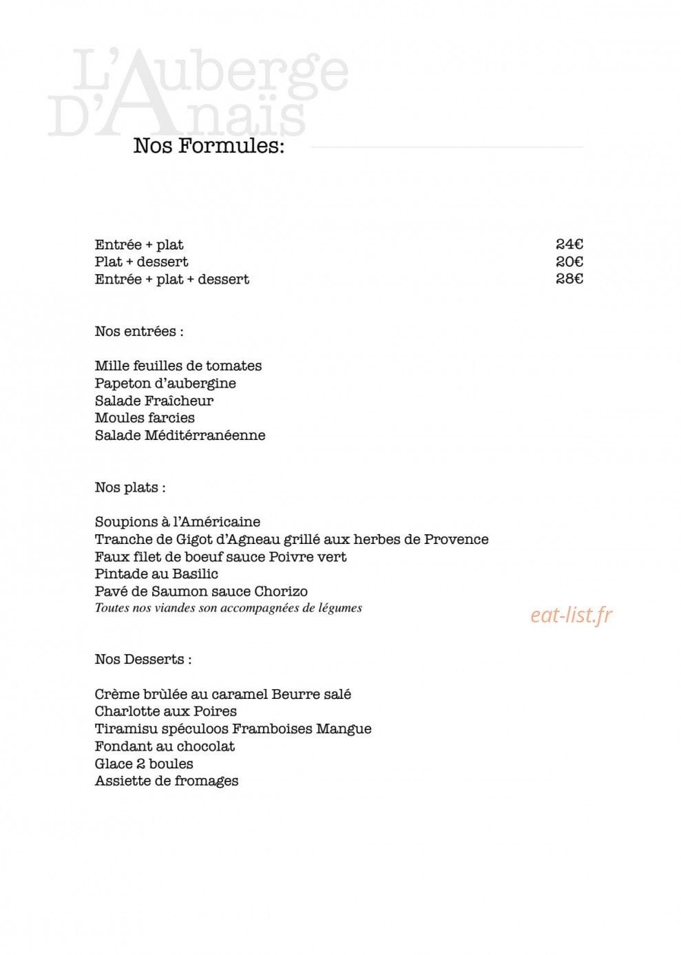 Auberge d'Anais — carte page 6