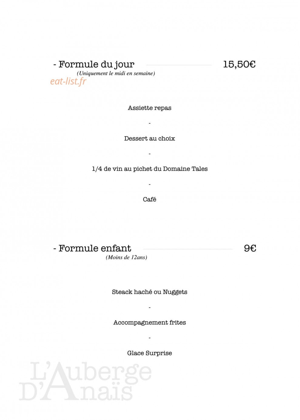Auberge d'Anais — carte page 2