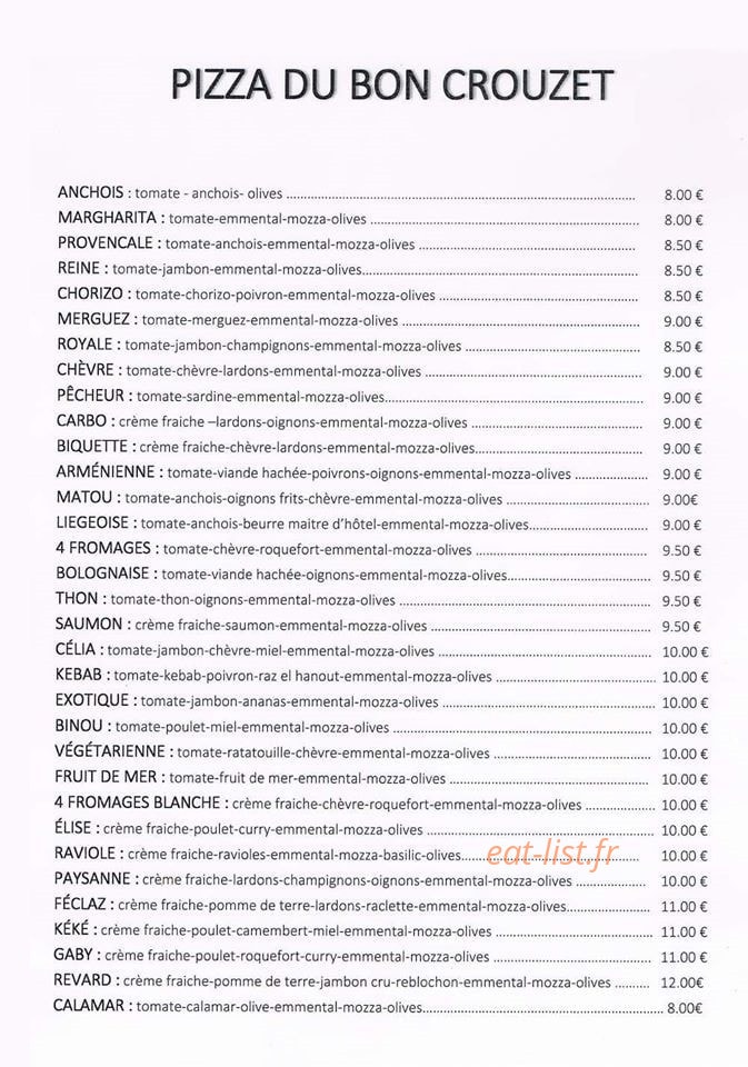 Les Pizzas du bon Crouzet — carte page 1
