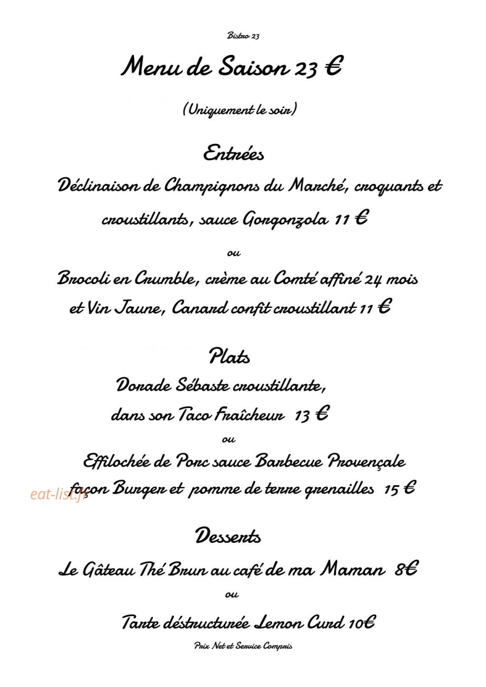 Bistro 23 — carte page 2