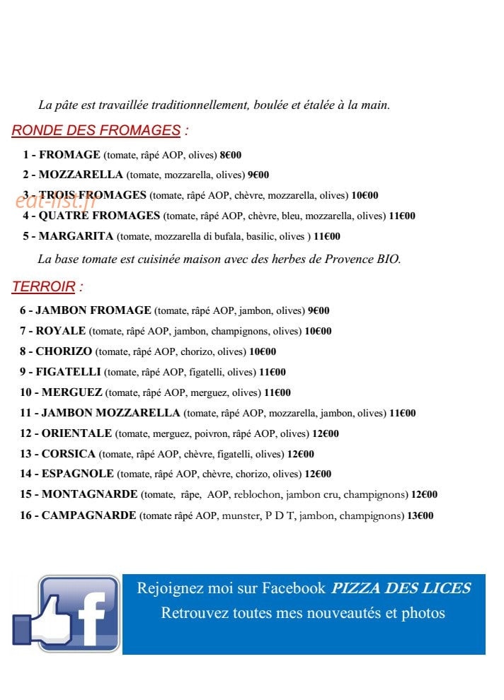 Pizza Des Lices — carte page 1