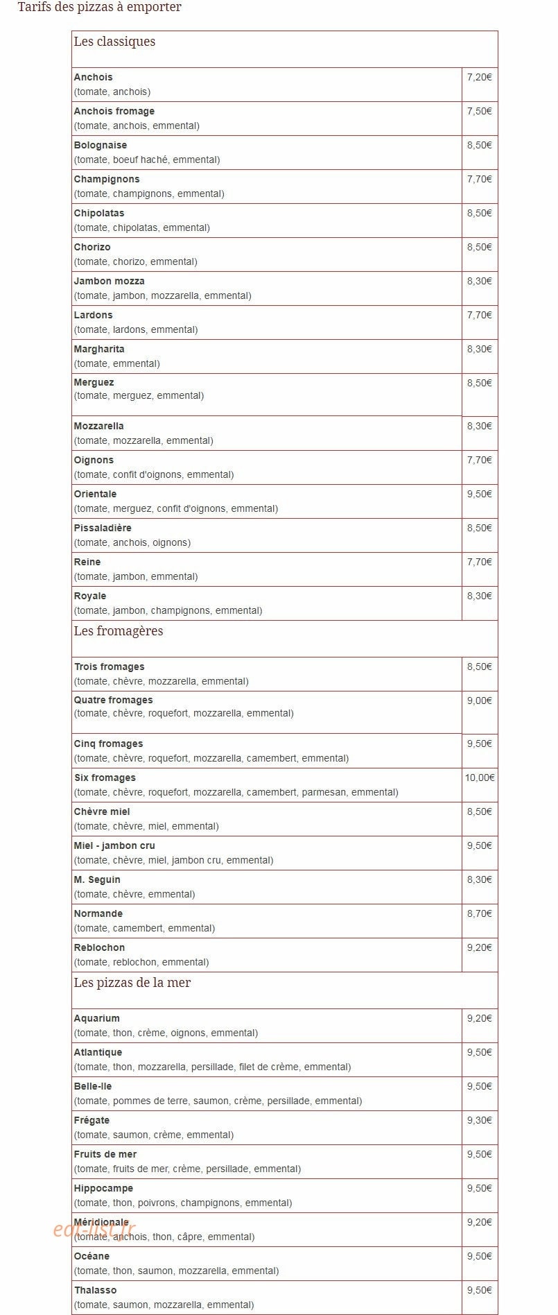 De La Volga Pizzas — carte page 1