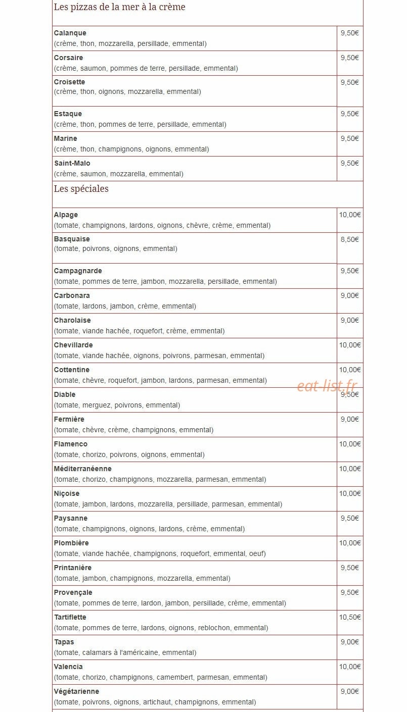 De La Volga Pizzas — carte page 2
