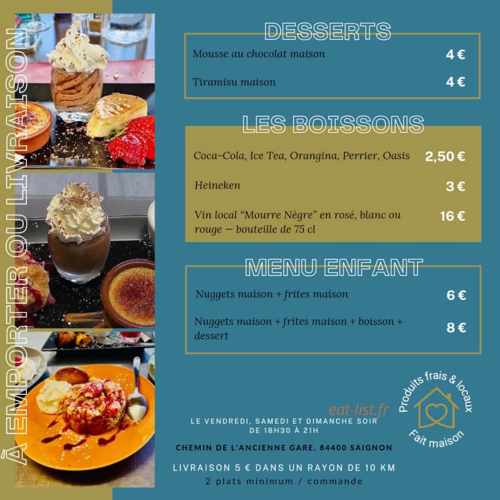 Carte et menu de La truite de Carlet à Saignon — Les desserts, boissons, ...