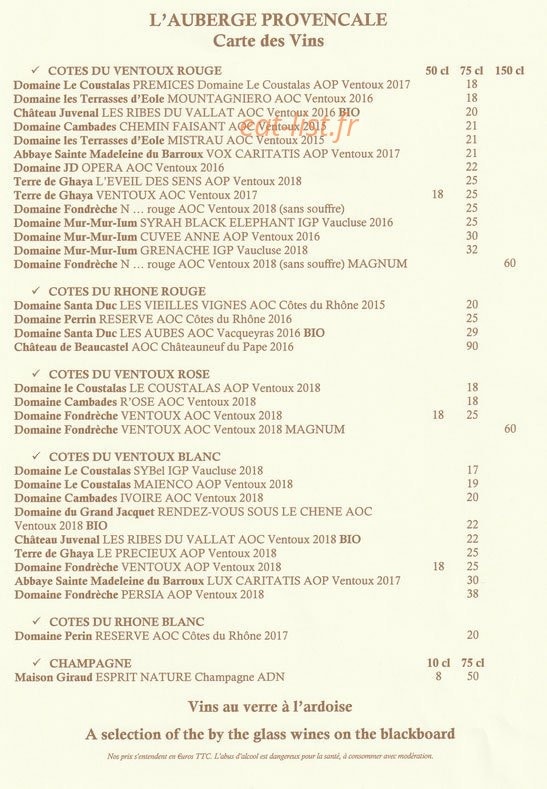 Auberge Provencale — carte page 3