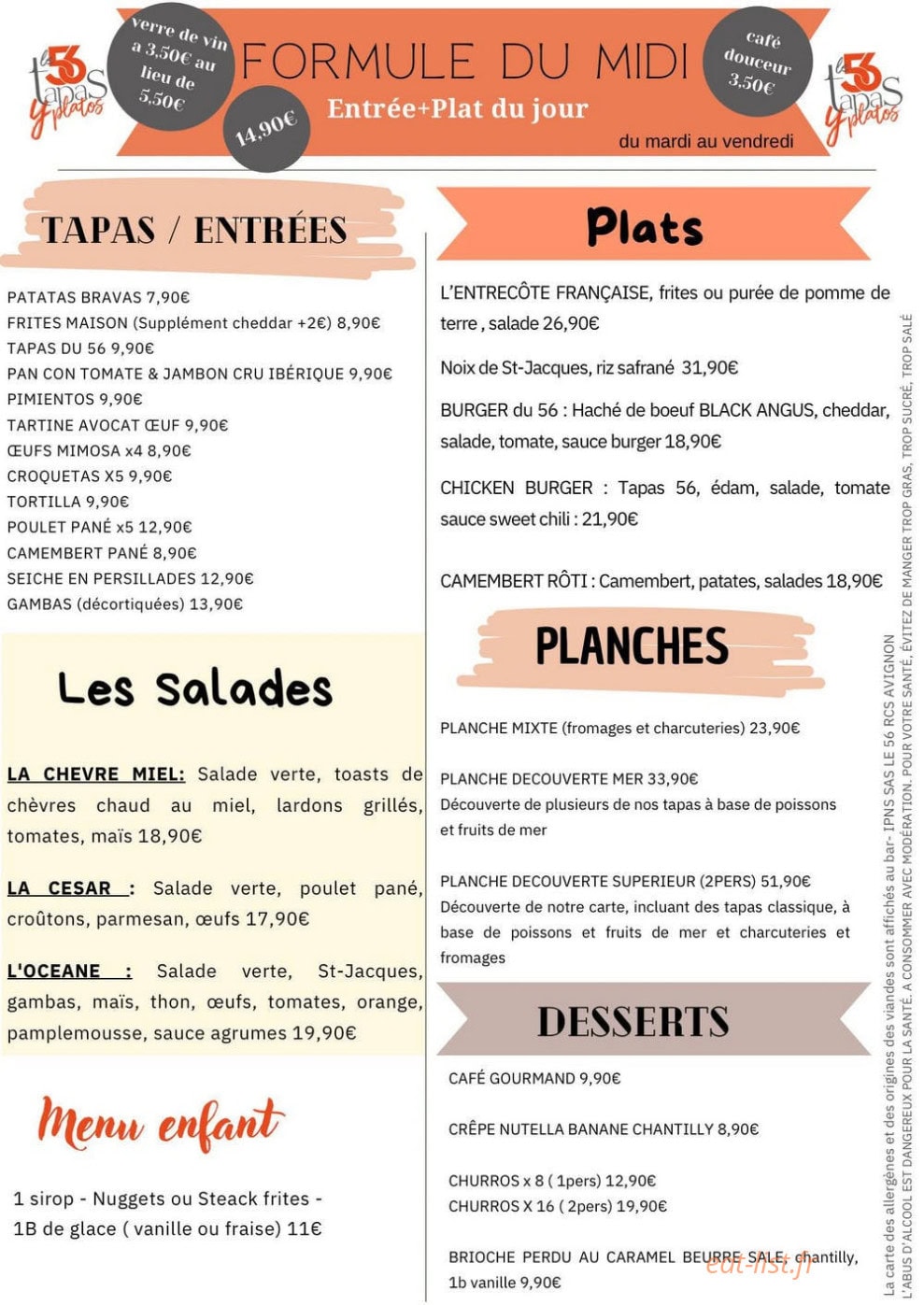 Le 56 Tapas y Platos — carte page 1