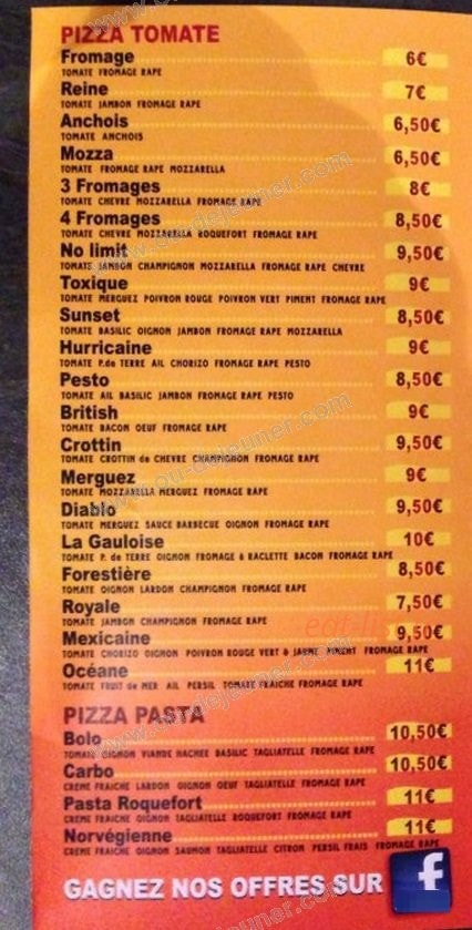 Sunset Pizza — carte page 1