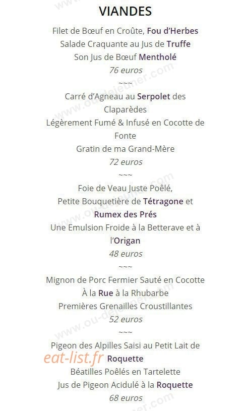 Carte et menu de Le Domaine de Capelongue à Bonnieux — Les viandes