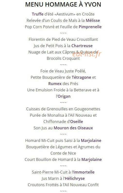 Carte et menu de Le Domaine de Capelongue à Bonnieux — Le menu hommage à Yvon