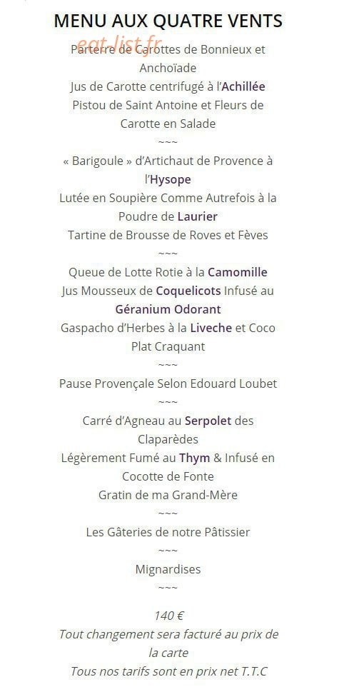 Carte et menu de Le Domaine de Capelongue à Bonnieux — Le menu aux quatre vents