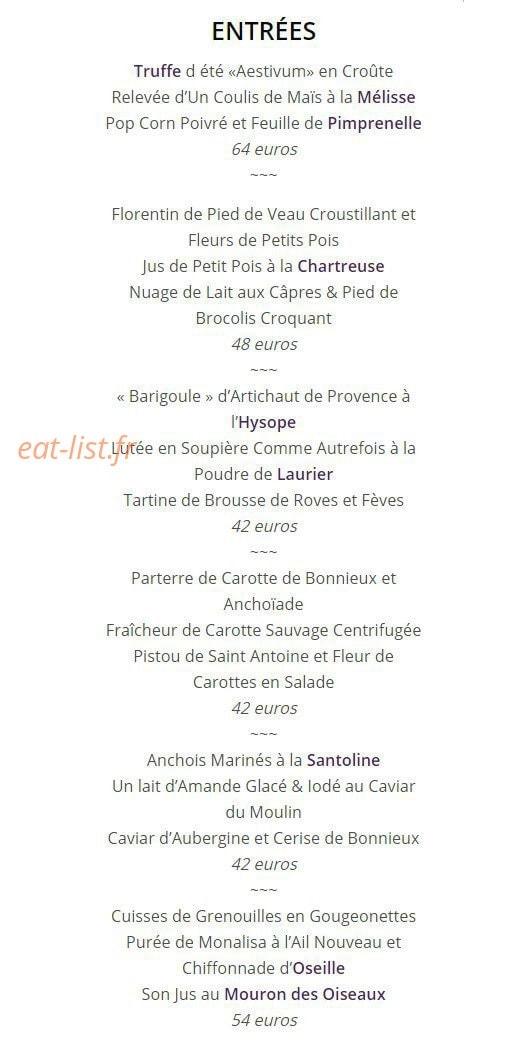 Carte et menu de Le Domaine de Capelongue à Bonnieux — Les entrées