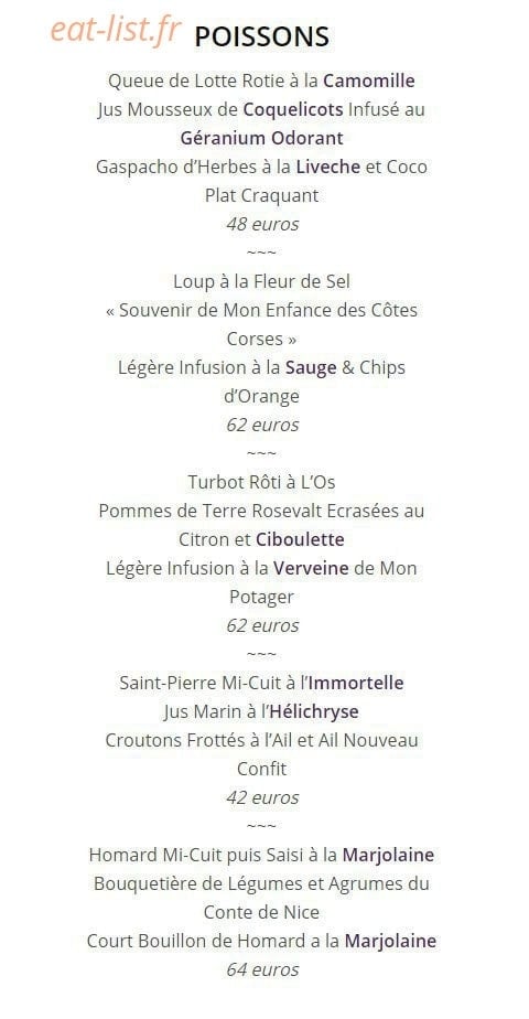 Carte et menu de Le Domaine de Capelongue à Bonnieux — Les poissons