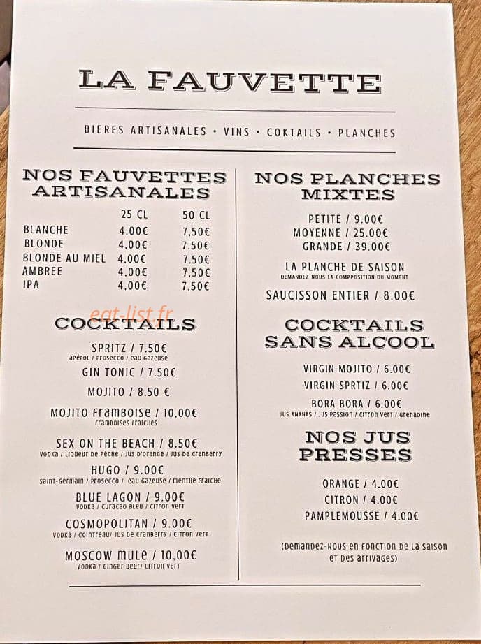 Bar De La Fauvette — carte page 1