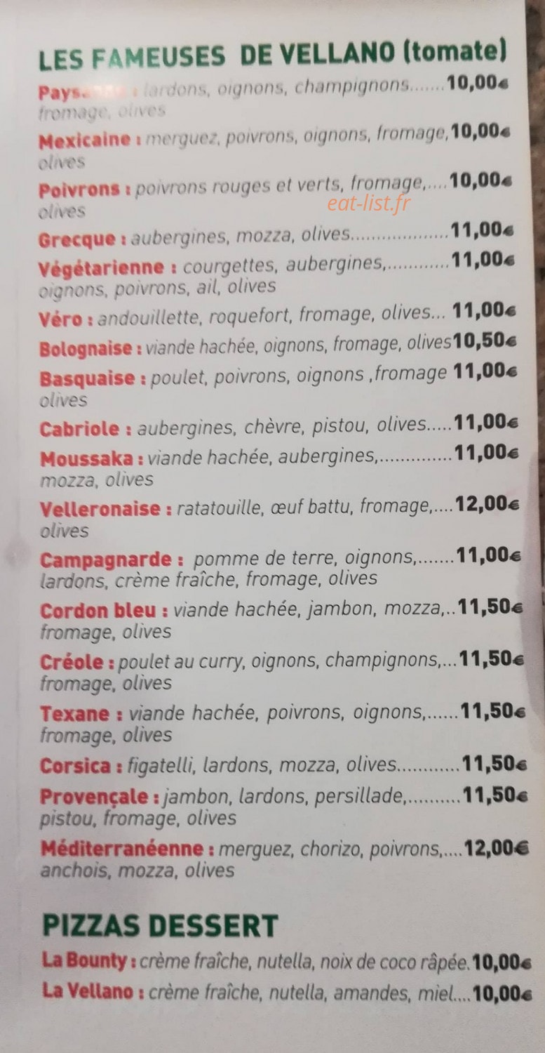 Pizza Vellano — carte page 1