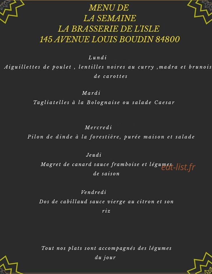Carte et menu de La Brasserie de L'Isle à L' Isle sur la Sorgue — Menus de la semaine