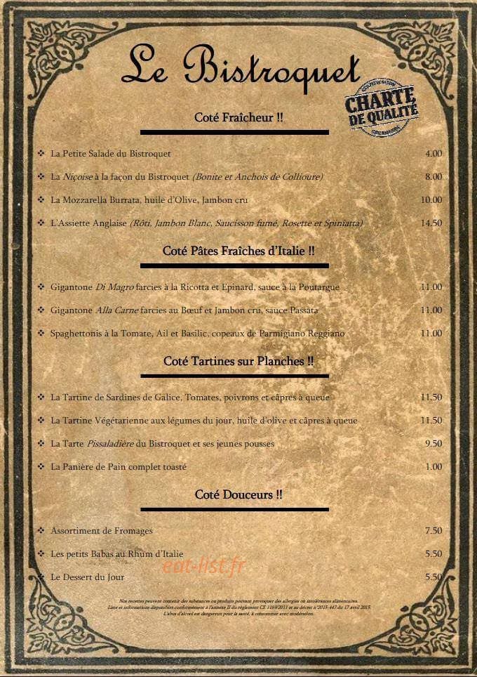 Le Bistroquet — carte page 1