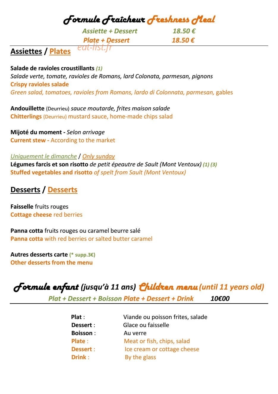 Carte et menu de Les Terrasses du Bassin à L' Isle sur la Sorgue — La formule fraîcheur et formule enfant