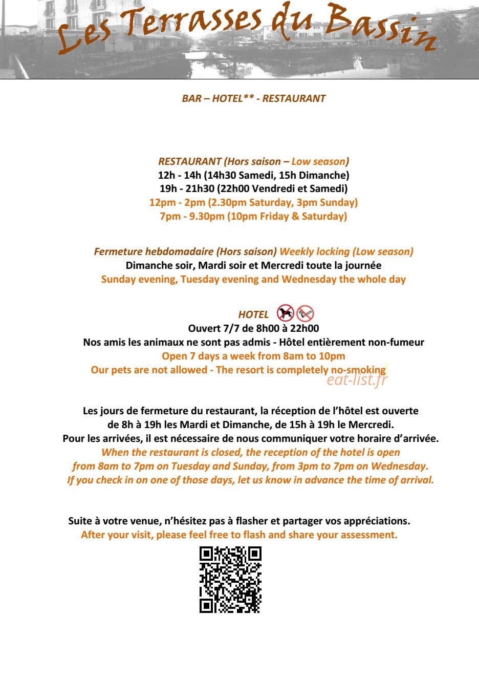Carte et menu de Les Terrasses du Bassin à L' Isle sur la Sorgue — Les informations