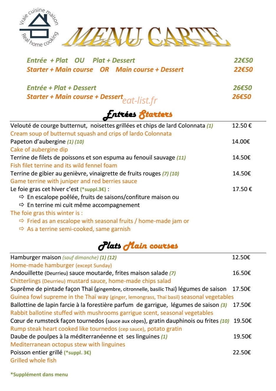 Carte et menu de Les Terrasses du Bassin à L' Isle sur la Sorgue — Les formules, entrées et plats