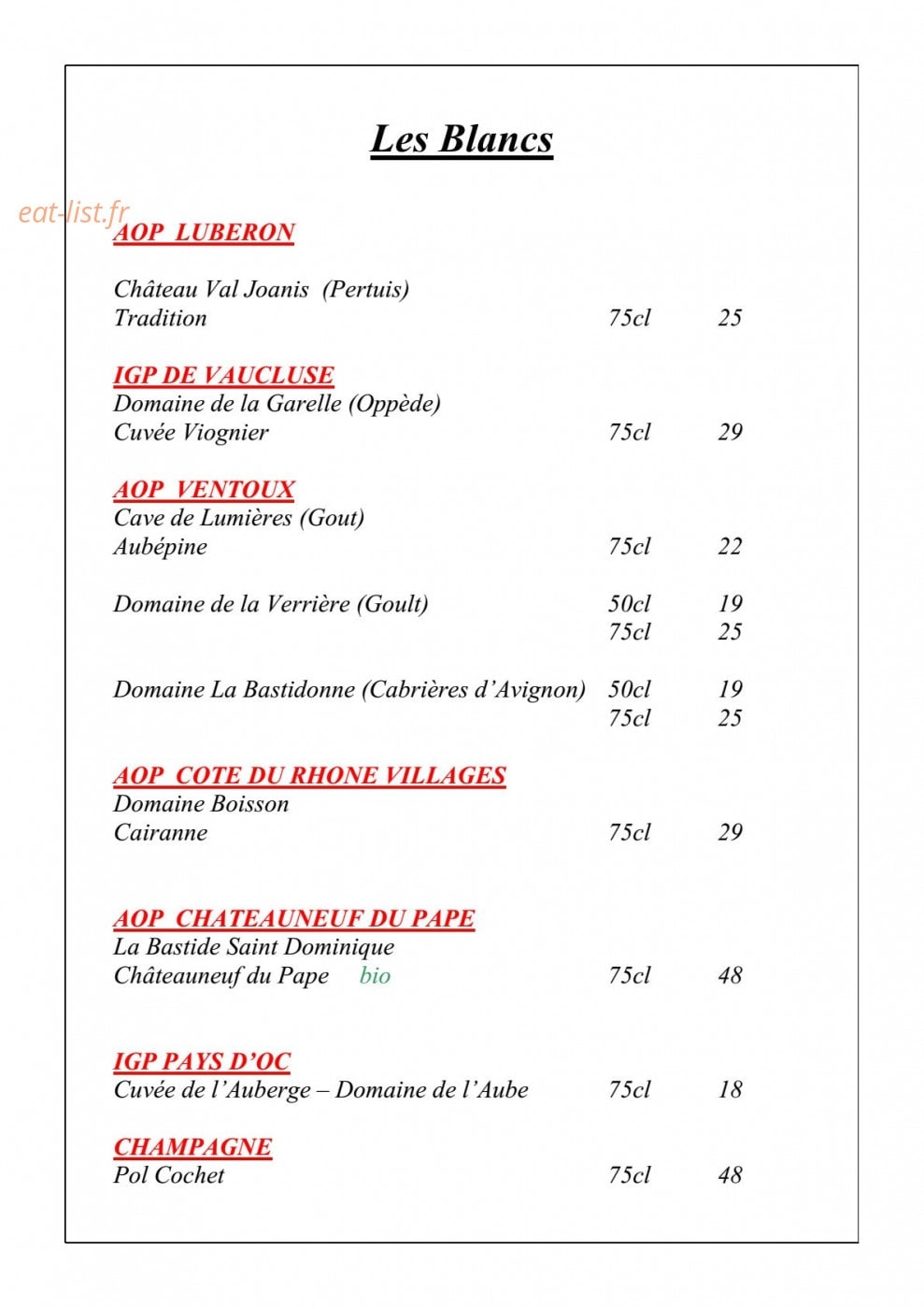L'Auberge de Lagnes — carte page 6