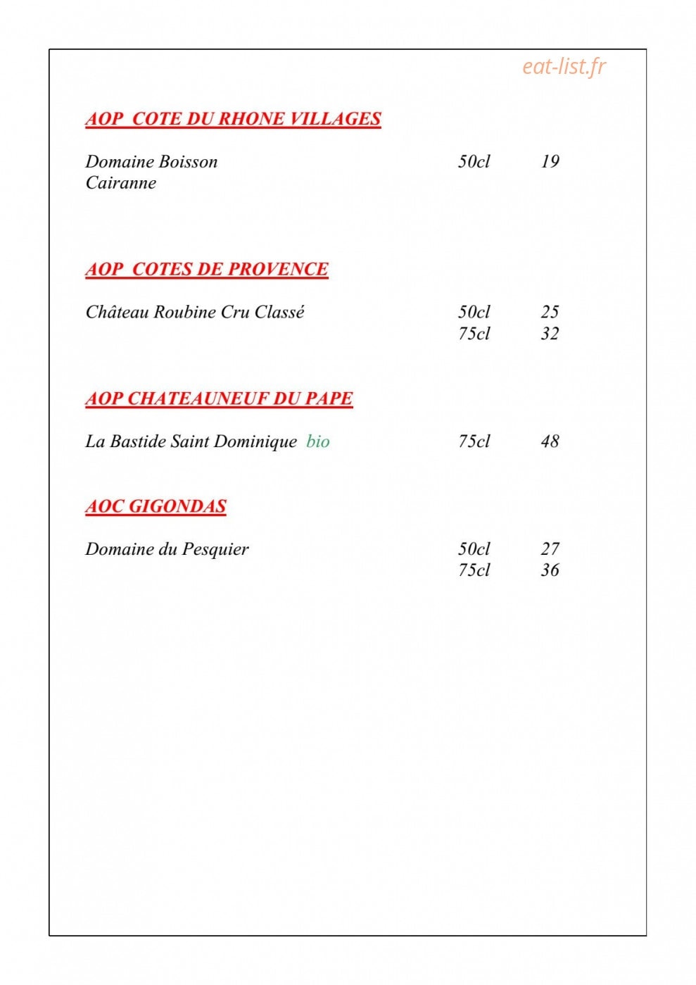 L'Auberge de Lagnes — carte page 9