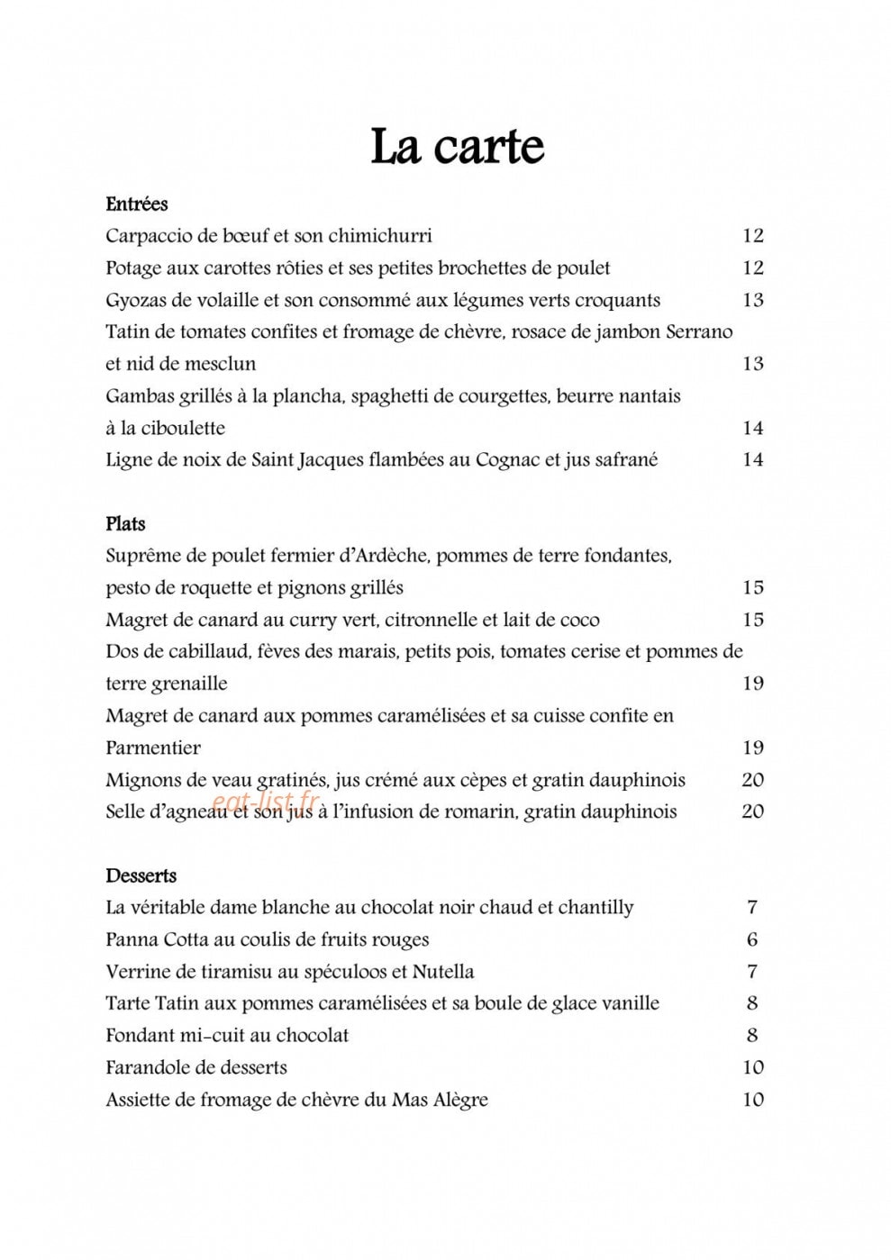 L'Auberge de Lagnes — carte page 1