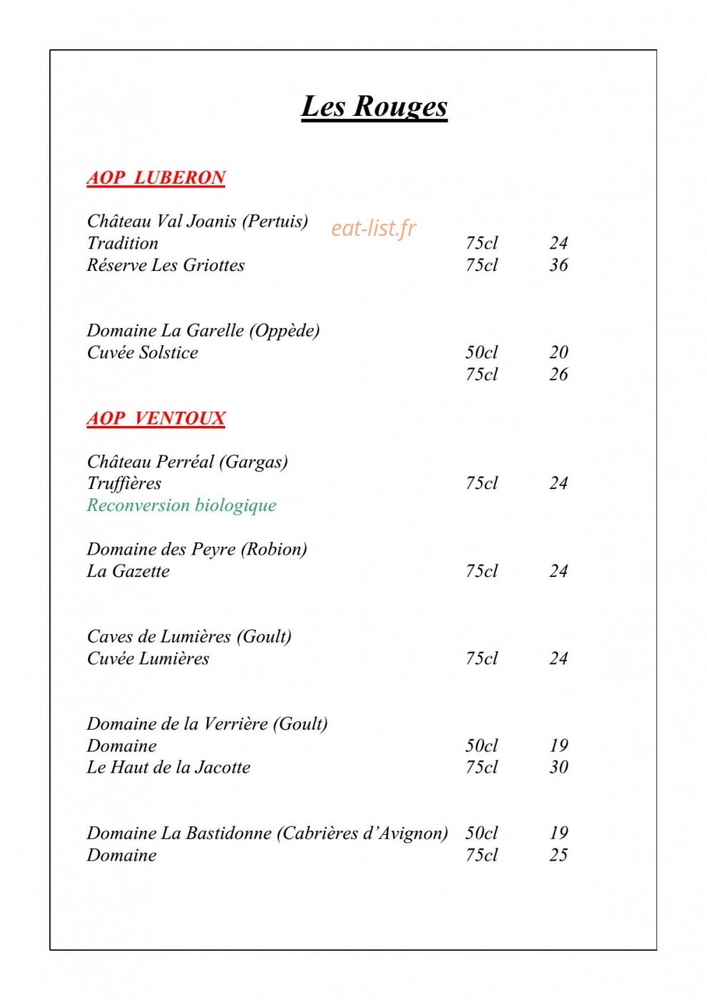 L'Auberge de Lagnes — carte page 8
