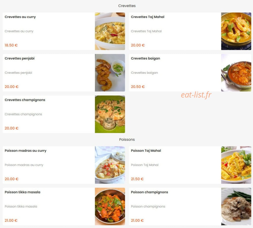 Carte et menu de Taj Mahal à La Roche sur Yon — Carte 8