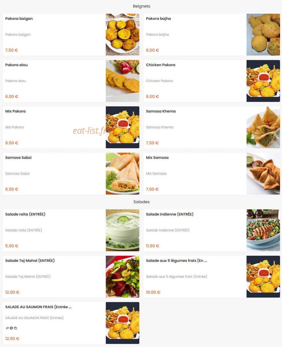 Carte et menu de Taj Mahal à La Roche sur Yon — Carte 1