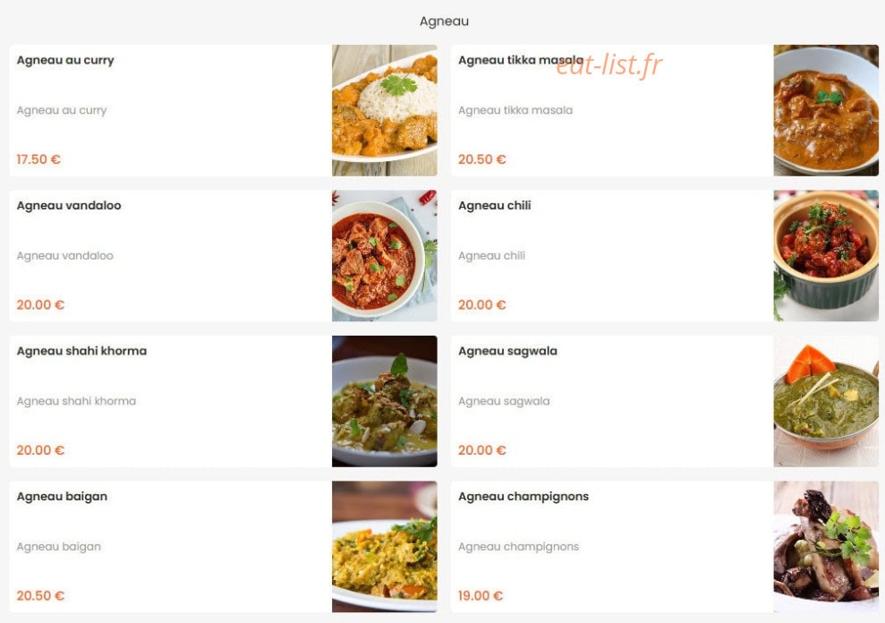 Carte et menu de Taj Mahal à La Roche sur Yon — Carte 7