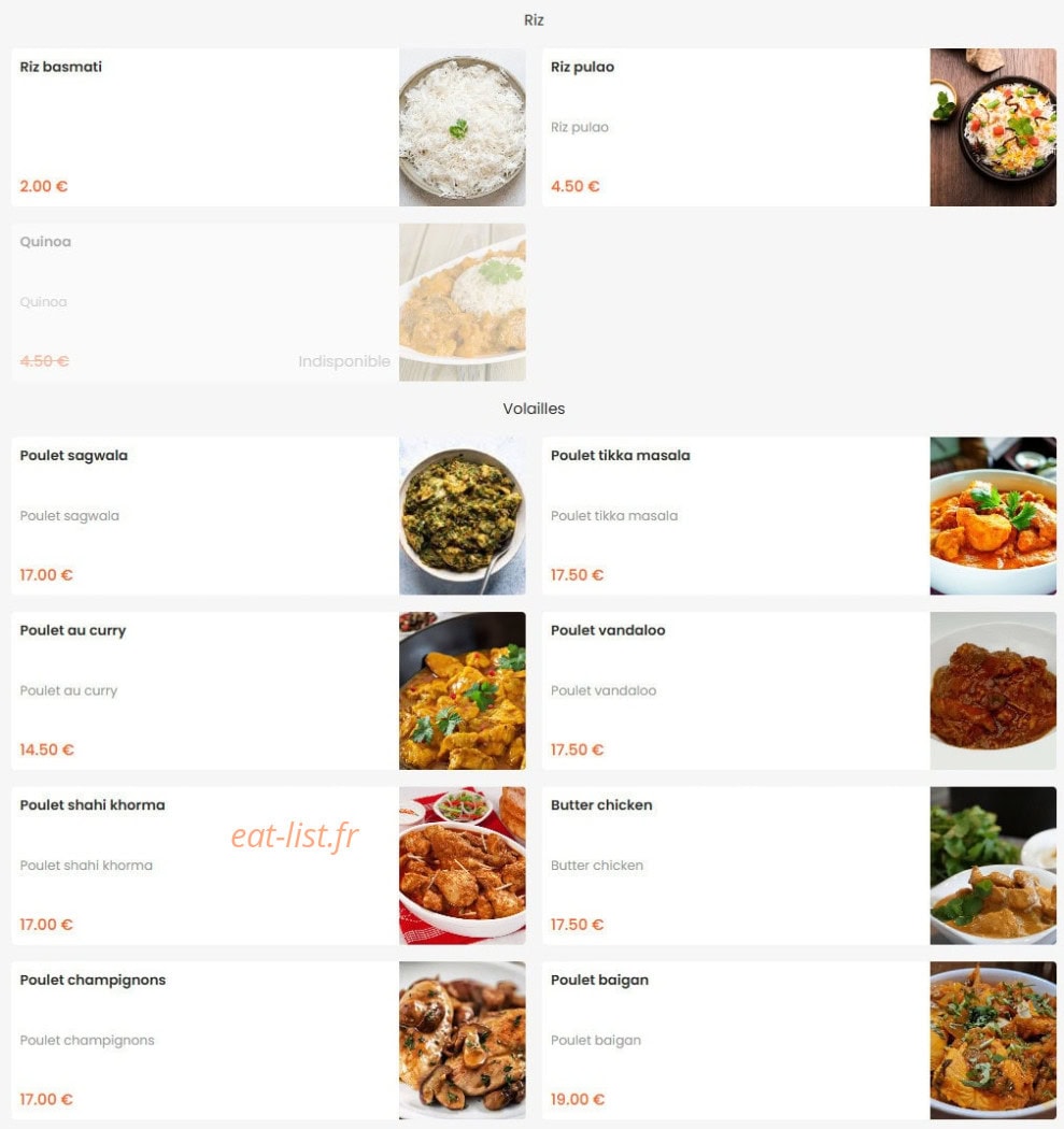 Carte et menu de Taj Mahal à La Roche sur Yon — Carte 6