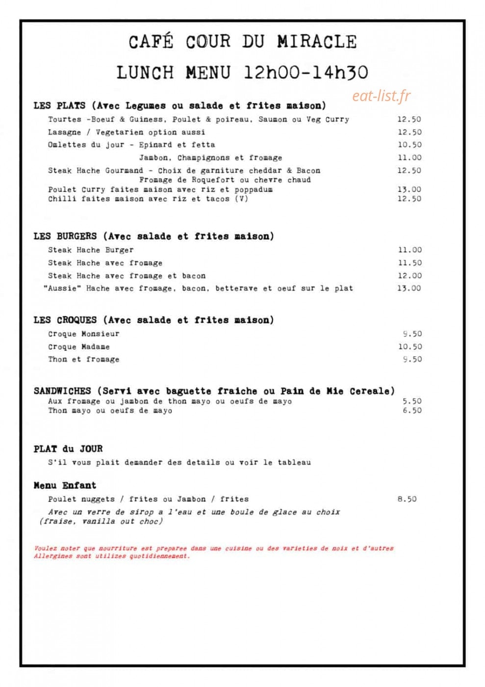 Cafe Cour du Miracle — carte page 1